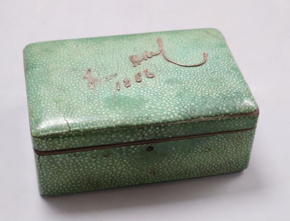 An early 20th shagreen and silver mounted cigarette box, width 15cm